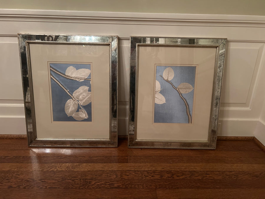 Trowbridge Silver Leaves on Blue Silk Pictures with Mirrored Frames-Set of 2