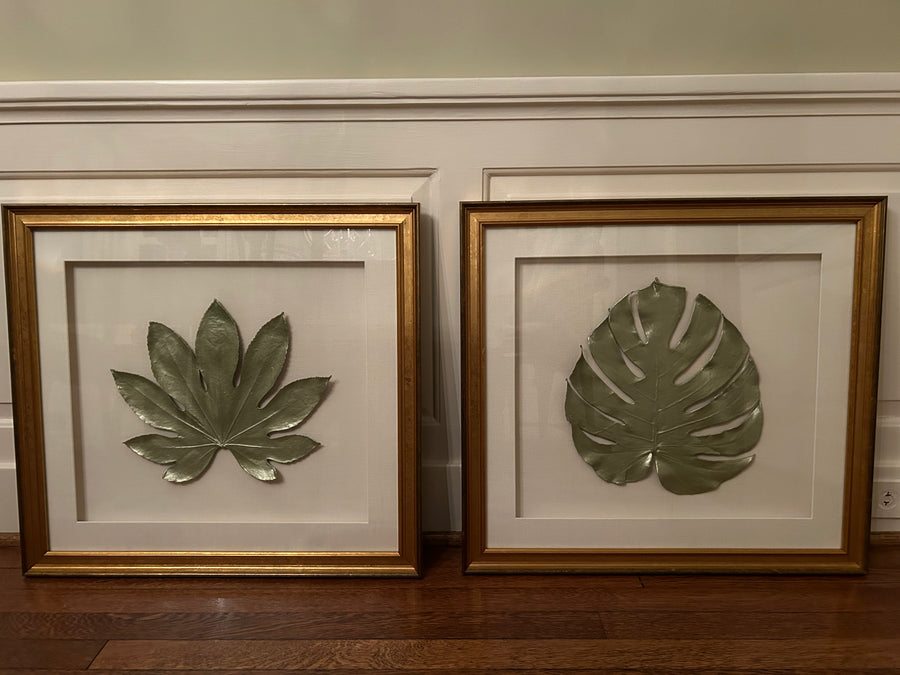 Chelsea House Green Leaf Pictures with Gold Frames-Set of 2