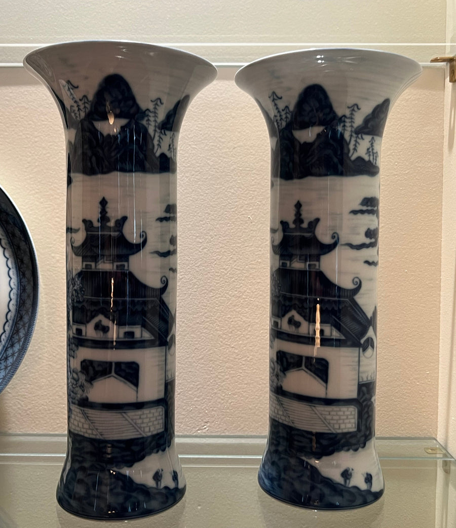 Mottahedeh Blue and White Trumpet Blue Canton Vases