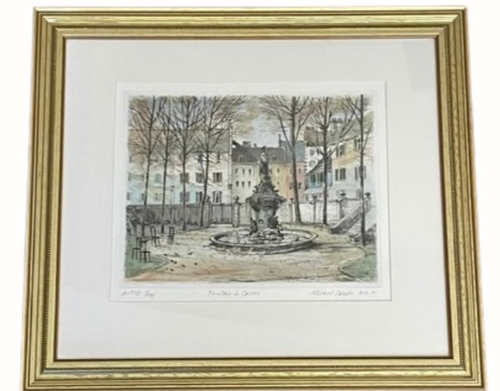 Michael Chaplin FRAMED Original Etching with Watercolor - Fountain in Calais