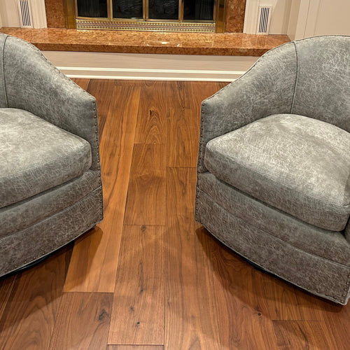 Arhaus Gray Giles Swivel Chairs with Nailheads