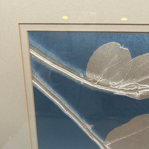 Trowbridge Silver Leaves on Blue Silk Pictures with Mirrored Frames-Set of 2