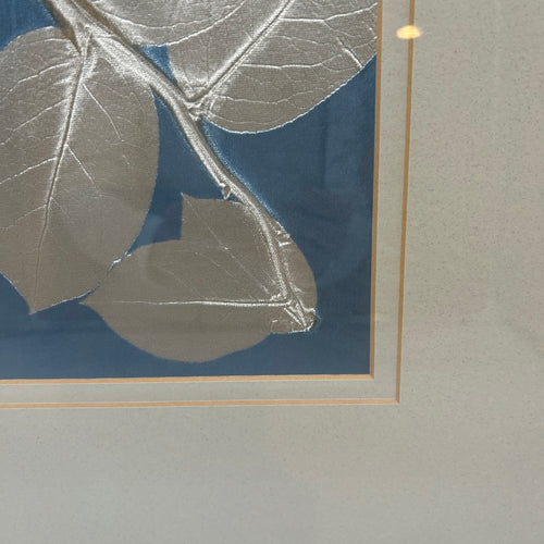 Trowbridge Silver Leaves on Blue Silk Pictures with Mirrored Frames-Set of 2
