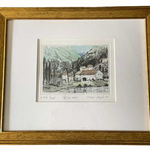 Michael Chaplin FRAMED Original Etching with Watercolor - Italian Alps
